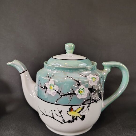 19 Vintage Japanese Cherry Blossom Tea Set Hand-Painted Porcelain Birds, Trees - Picture 9 of 11